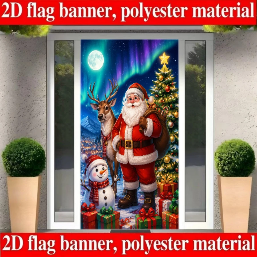 2D-Ebene - 1 Stück 2D-Flaggen-Hintergrund im Weihnachtsthema mit Weihnachtsmann, Rentier, Schneemann, geschmücktem Weihnachtsbaum und Geschenkbox-Verpackung, kombiniert mit einem mit Aurora gefüllten Winter-Schneelandschaftsdesign, keine Stromversorgung erforderlich