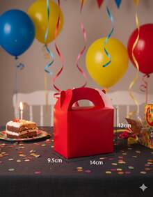 Set de 12 Cajas de Cartón con Asa para Dulces y Regalos, 14 * 9,5 * 12 cm, Color Morado, Azul Celeste, Fucsia, Rosa, Azul Royal, Negro, Verde, Amarillo, Naranja o Rojo, para Cumpleaños, Fiestas y Eventos - Rojo - Ver 6