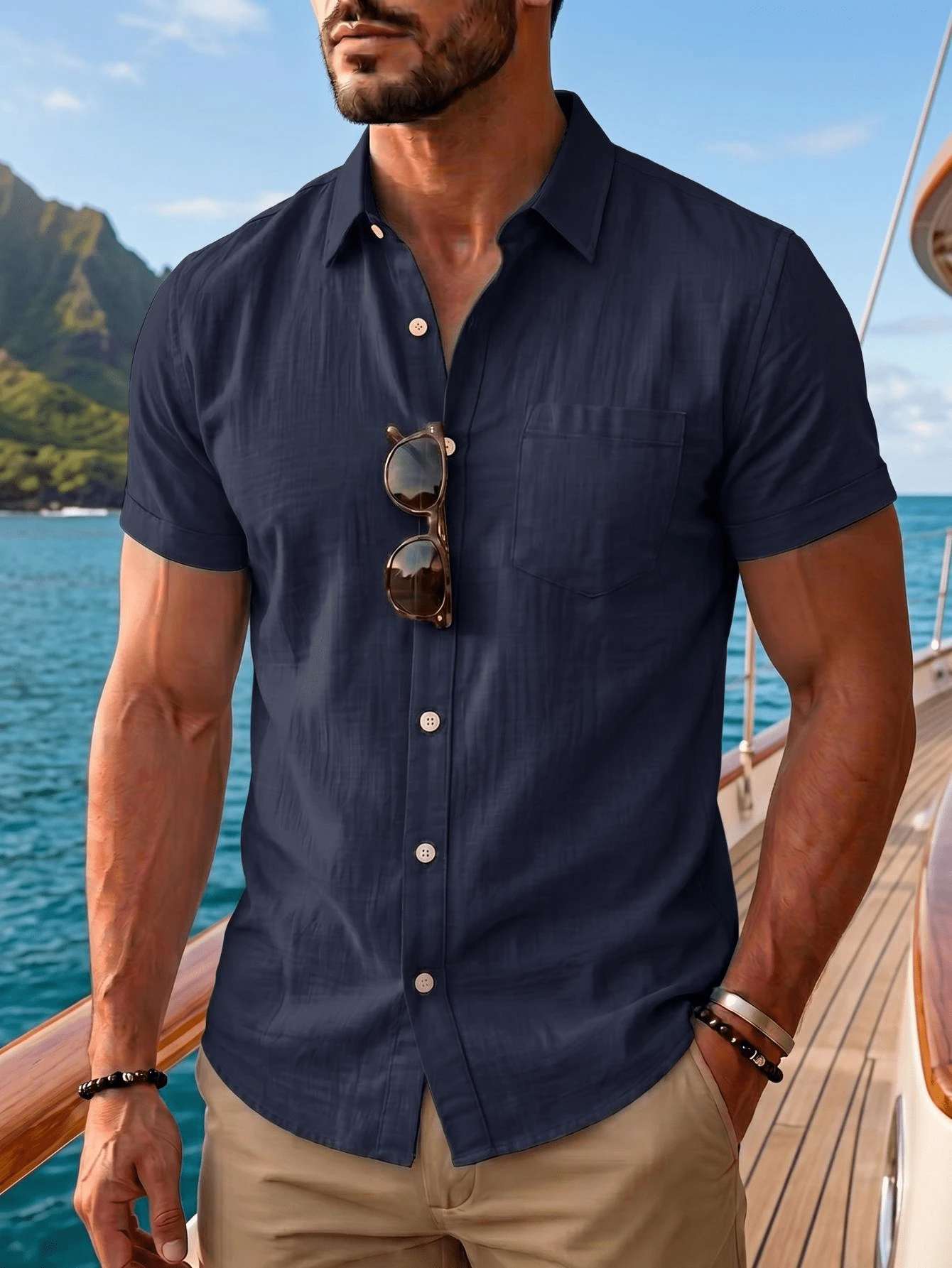 Men's Summer Breathable Comfortable Short Sleeve Linen Button-Down Shirt, Single Pocket Design, Breathable & Fashionable, Suitable For Beach Vacation And Casual Summer Wear - Navy Blue - View 1