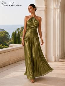 Olive Gold Metallic Halter Resort Evening Dress - 金色 - 查看 7