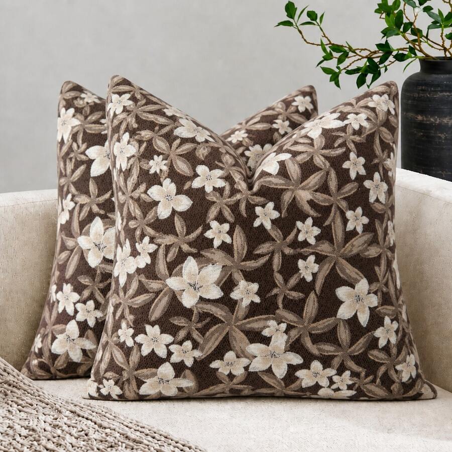 1pc Floral Throw Pillow Cover, Farmhouse Pillowcase, Neutral Cushion Cover, Decorative For Sofa, Living Room, Bedroom, Home Decor - Camel - View 1