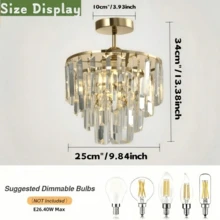 Crystal Gold Pendant Light, Lightweight Luxurious Crystal Chandelier, Modern Semi-Flush Mount Pendant Light, E26 Bulb Base, Bulb Not Included, Suitable For Living Room, Hallway, Dining Room And Bedroom - 25cm/9.84inch - View 10