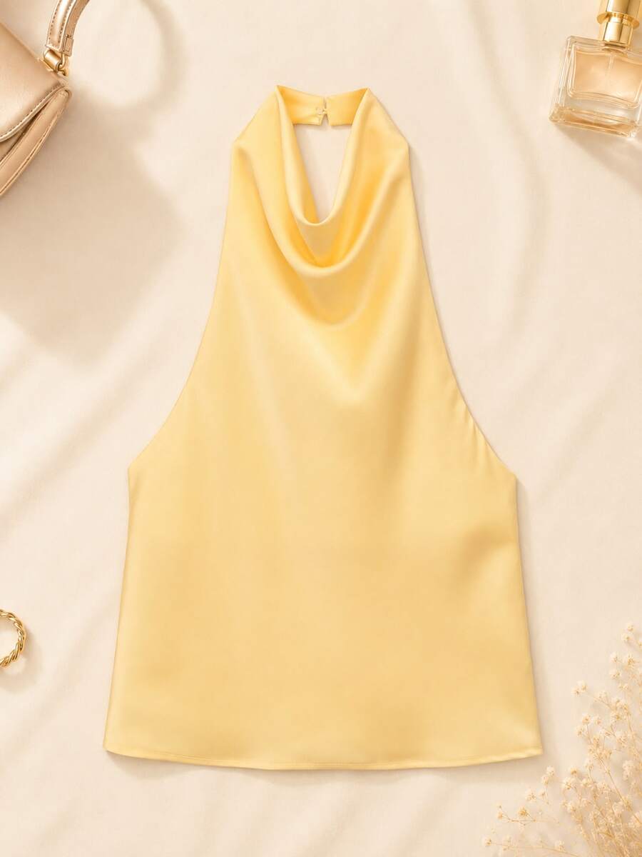 Spring/Summer Solid Color Satin Halter Backless Top Yellow - Yellow - View 1