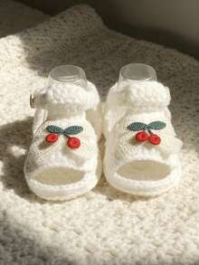 1 Pair Crochet Infant Sandal Booties, Cherry Bow Embellishment, Handmade Infant Shoes - White - View 4