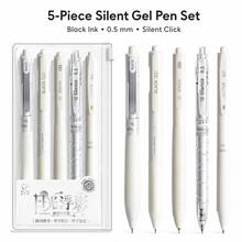 5支裝靜音可伸縮凝膠筆，淺藍色無噪音按壓筆，0.5mm細筆尖快乾黑色墨水順滑書寫筆，適用於考試、學校、辦公文具套裝 - 白色 - 查看 9