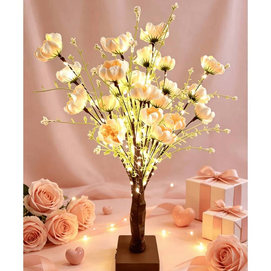 1pc 60CM Poppy Azalea Tree Light, 24 LED Warm White, 3-Section 5 AA Battery Box & USB Dual Power, Artificial Flower Tree Ambient Light, Girly Bedroom Desk Wedding Valentine's Day Proposal Party Homestay Live Stream Background Decor Ornament - Yellow - View 1