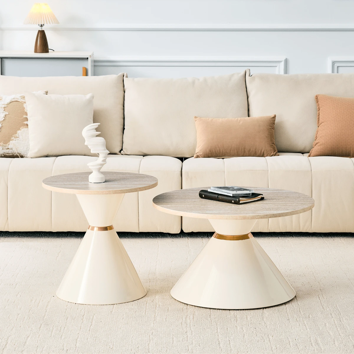 Set Of 2 Coffee Tables From The Sanduhr Series With Distinctive Conical Shape, Melamine Tabletop With Wood Look + Cream Colored Metal Base, Space Saving And Stackable, Ideal For Living Room, Bedroom And Office. - Wood + Metal - View 1