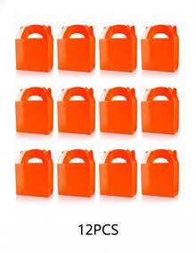 Set de 12 Cajas de Cartón con Asa para Dulces y Regalos, 14 * 9,5 * 12 cm, Color Morado, Azul Celeste, Fucsia, Rosa, Azul Royal, Negro, Verde, Amarillo, Naranja o Rojo, para Cumpleaños, Fiestas y Eventos - Naranja - Ver 1