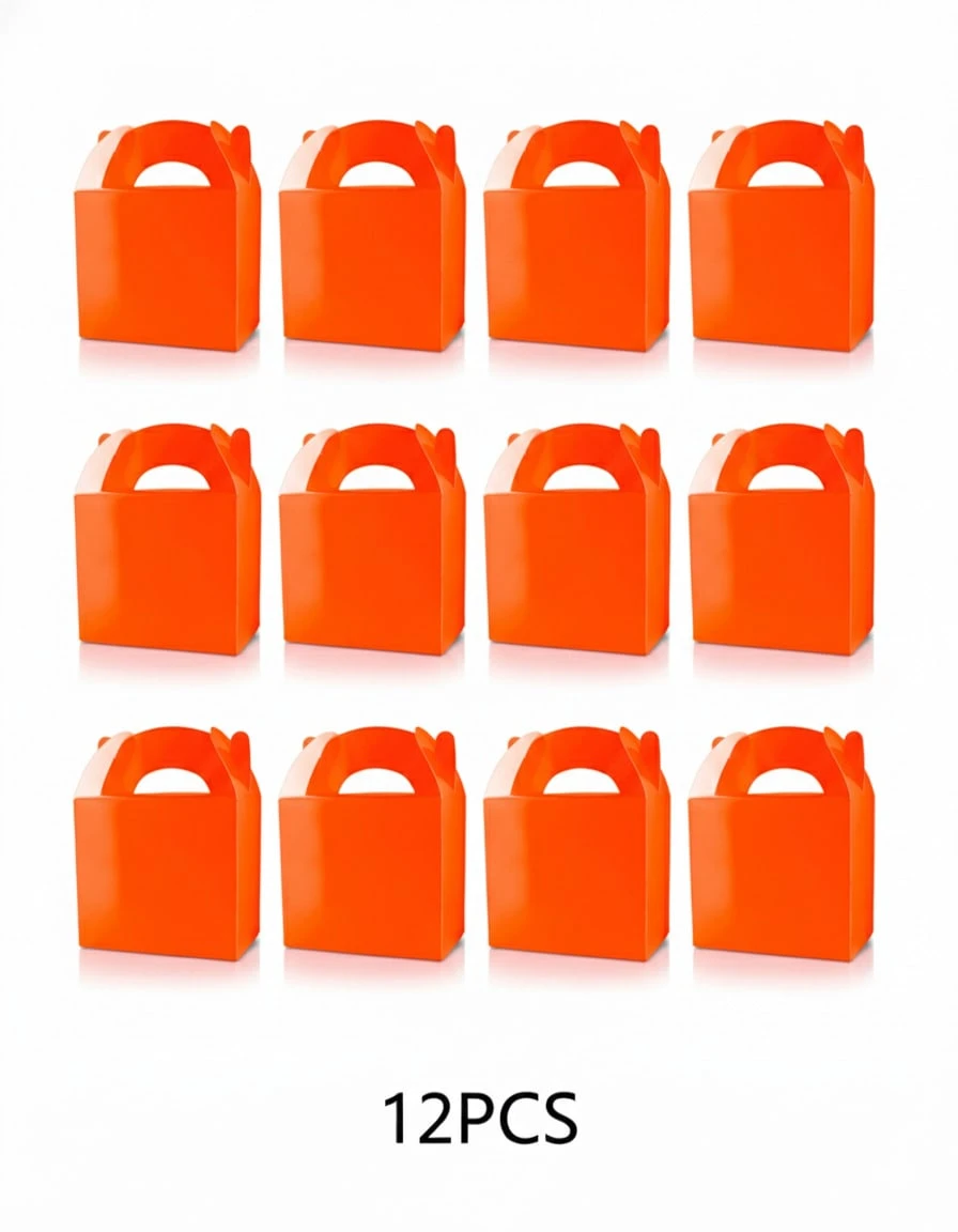 Set de 12 Cajas de Cartón con Asa para Dulces y Regalos, 14 * 9,5 * 12 cm, Color Morado, Azul Celeste, Fucsia, Rosa, Azul Royal, Negro, Verde, Amarillo, Naranja o Rojo, para Cumpleaños, Fiestas y Eventos - Naranja - Ver 1