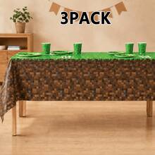 54"X72" 像素遊戲主題桌布套組，綠色與棕色桌布，適合生日派對與電玩遊戲主題裝飾 - 像素 - 查看 6