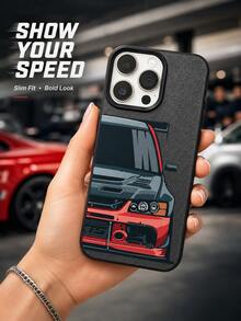 Casing Ponsel Sport JDM Tuner Kompatibel dengan iPhone 15 14 13 12 11 Pro Max, Ilustrasi Kartun Mobil Balap Modifikasi Abu-abu Merah Tampak Depan Tekstur Hitam Matte Tahan Guncangan TPU - Hitam - View 1