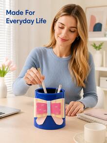 Cute Bowknot Decor Desktop Storage Bucket, Multi-Color Cylindrical Pen Holder, Suitable For Pens, Stationery And Small Desktop Items, 14x12x15cm Compact Size, Suitable For Office And Desk - Multicolor - View 2