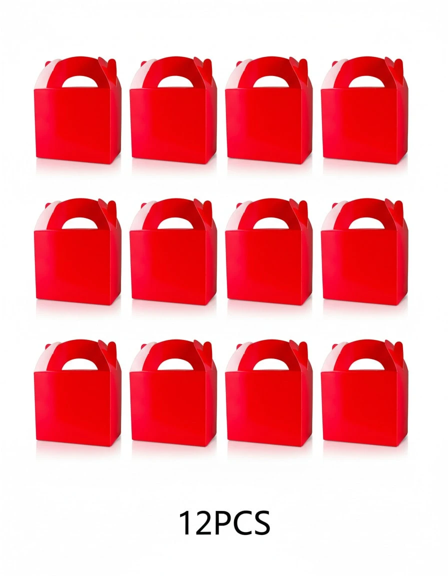 Set de 12 Cajas de Cartón con Asa para Dulces y Regalos, 14 * 9,5 * 12 cm, Color Morado, Azul Celeste, Fucsia, Rosa, Azul Royal, Negro, Verde, Amarillo, Naranja o Rojo, para Cumpleaños, Fiestas y Eventos - Rojo - Ver 1