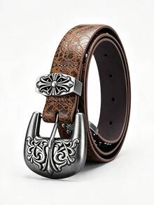 1pc Vintage Western Cowboy Punk Y2K Unisex PU Leather Belt With Carved Alloy Buckle And Rivet Decor Design, Suitable For Casual Daily Wear, Ideal Gift Choice - Coffee Brown - View 2