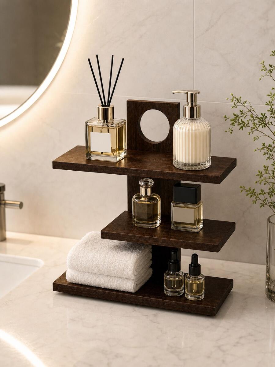 1pc Wooden Layered Storage Rack, 3-Layer Dark Brown Wooden Perfume Display Rack With Hollow Round Decoration, Multi-Layer Counter Top Makeup Rack For Perfume Bottles, Cosmetics, Jewelry, Decorative Storage Rack For Bedroom Dresser, Dresser - View 1