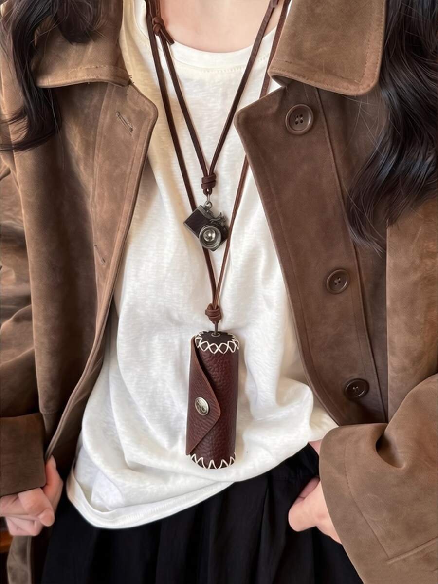 1pc Vintage Leather Key Pouch, Genuine Cowhide Tri-Fold Key Organizer Wallet With Key Ring Clip, Portable Small Key Bag With Card Slot And Secure Snap Closure - Brown - View 1
