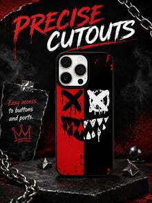 1PCPunk Street Cool Horror Phone Case Compatible With Iphone 17 16 15 14 13 12 11 Pro Max, Half Red Half Black Split Drip Ink X Eye Sharp Tooth Grunge Monster Face Shockproof Leather Texture Phone Shell - Black - View 5