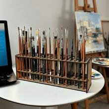 1 Large Capacity Wooden Paint Brush And Makeup Brush Storage Rack - Detachable Design Desktop/Wall-Mounted Storage Organizer, Khaki Polished Surface, Suitable For Art Studio, Beauty Salon And Home Organization - Space-Saving Brush Organizer - A - View 1