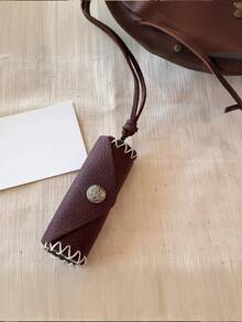 1pc Vintage Leather Key Pouch, Genuine Cowhide Tri-Fold Key Organizer Wallet With Key Ring Clip, Portable Small Key Bag With Card Slot And Secure Snap Closure - Brown - View 3
