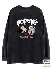 Women's Washed Black Long Sleeve T-Shirt, Cartoon Graphic Top, Loose Fit, Vintage Oversized Style - Black - View 3