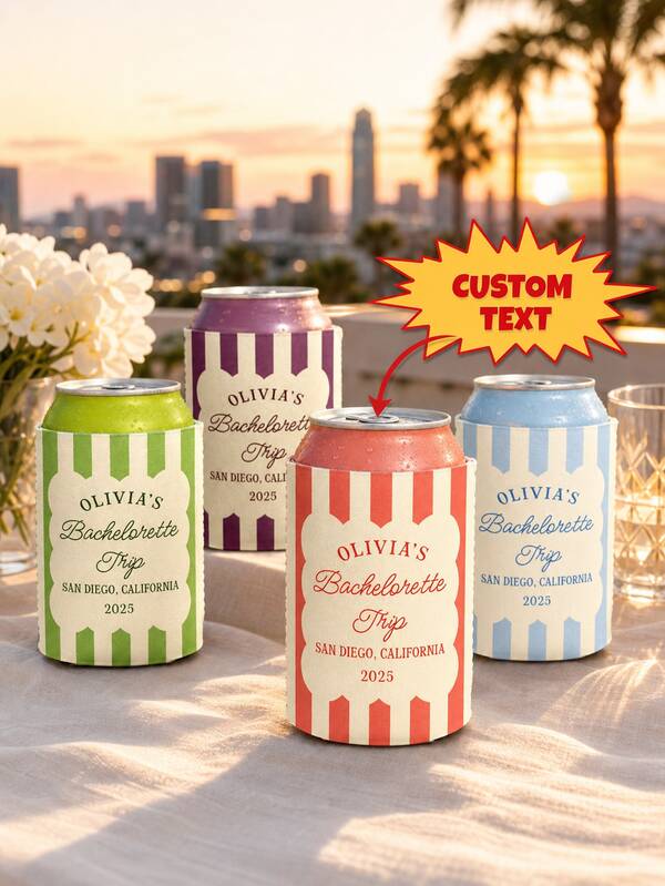 Personalized Vintage Striped Canned Beverage Cooler Sleeve, Customizable Text, Retro Color Block Drink Insulated Sleeve, Fashionable Commemorative Gift, Suitable For Bachelor Party, Travel, Bridal Shower, City Gathering, Wedding Guest Gift And Holiday Cocktail Celebration
