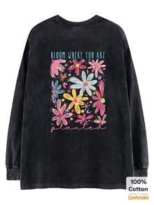 Women's Washed Black Long Sleeve T-Shirt, Fun Floral Print Pattern, Loose Fit, Stylish Vintage Black, Oversize - Black - View 3