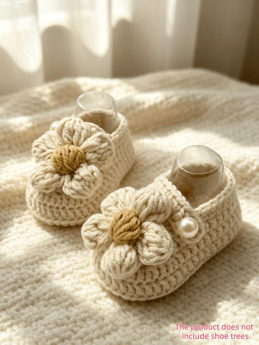 1 Pair Infant Shoes Flower Crochet Knit Pre-Walker Floor Socks - Beige - View 1