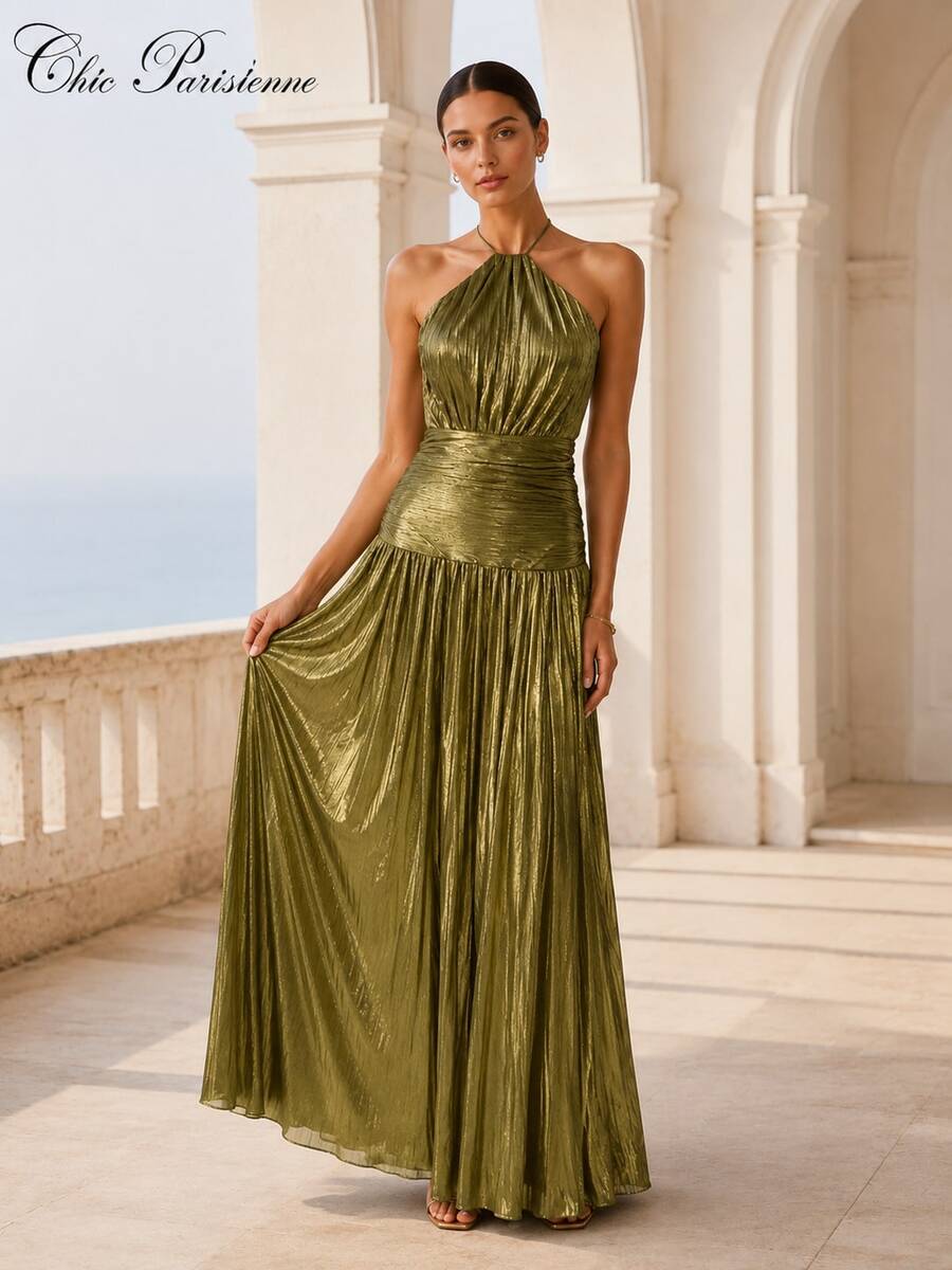 Olive Gold Metallic Halter Resort Evening Dress - 金色 - 查看 1
