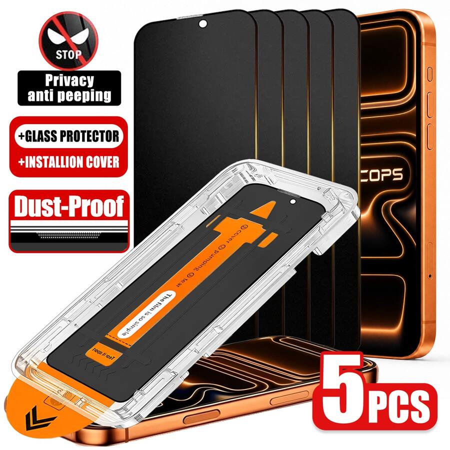 CASECOPS 5片裝隱私螢幕保護貼附自動對位套件，相容 iPhone 17/17 Pro/17 Pro Max/17 Air/15 Pro Max/15 Pro/15 Plus/15/14 Pro Max/14 Pro/14 Plus/14/13 Pro Max/13 Pro/13/12 Pro Max/12 Pro/12/11 Pro Max/11 Pro/11/XS Max/XS/XR/X，9H 鋼化玻璃，防刮、防指紋、相容手機殼，動態島全覆蓋螢幕保護貼