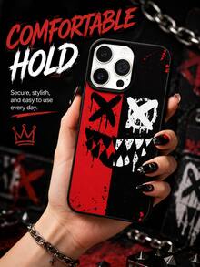 1PCPunk Street Cool Horror Phone Case Compatible With Iphone 17 16 15 14 13 12 11 Pro Max, Half Red Half Black Split Drip Ink X Eye Sharp Tooth Grunge Monster Face Shockproof Leather Texture Phone Shell - Black - View 6