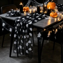 1/3pcs Little Ghost Table Runner, Perfect Choice For Halloween, Black Valentine's Day And Gothic Style Party Decoration. Exquisite Mesh Fabric, Suitable For Black Theme Wedding, Bar, Cafe And Private Dinner Party - Black - View 7