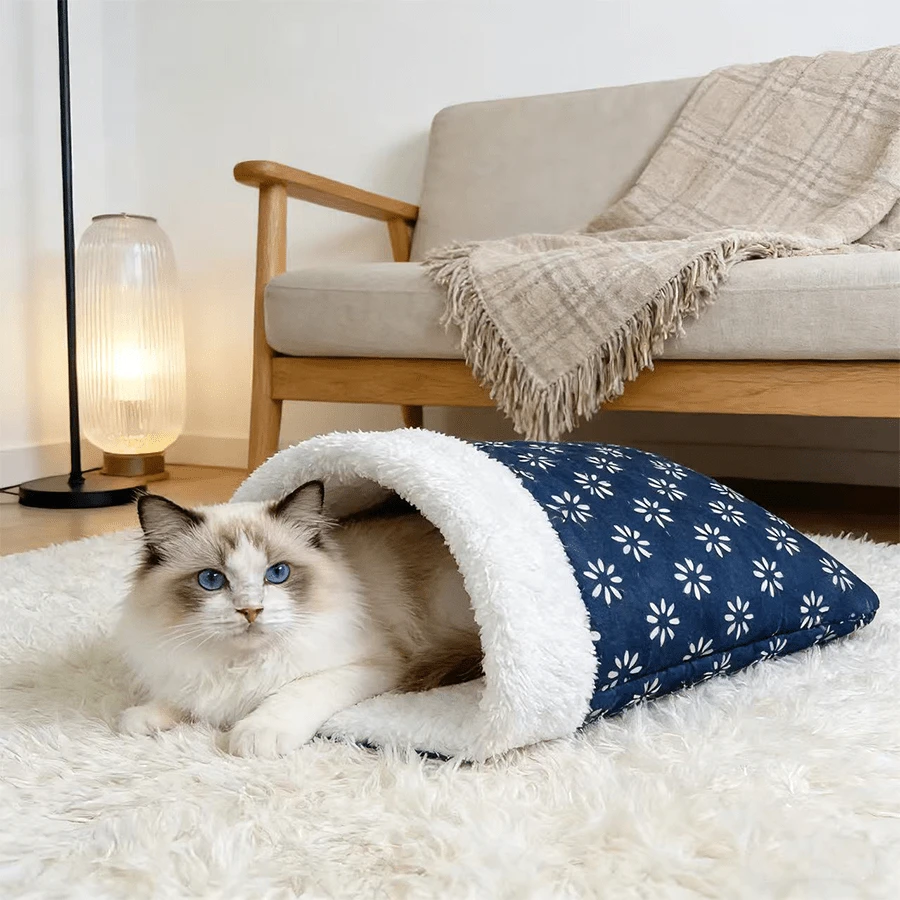 Comfortable And Warm Winter Cat Bed, Soft Plush Cat Sleeping Bag, Portable Cat Bed Suitable For Indoor Cats, 360° Enclosed Cat Hideout Suitable For Cats And Small Dogs, Suitable For 8.82-17.64 Lbs Cats (Cute Pattern)