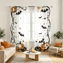 2pcs Pumpkin Bat Spider Star Print Semi-Transparent Rod Pocket Sheer Curtains, 100% Polyester Machine Washable, Suitable For Living Room Bedroom Coffee Room, Holiday Decor, Lightweight Design, Halloween Thanksgiving Christmas Decoration, Festive Style, Holiday Shopping Essential, 2D Flat Printing - Multicolor - View 8
