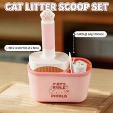 1Set Cat Litter Scoop With Storage Rack, Durable Plastic Cat Poop Shovel, Built‑In Garbage Bag Compartment, Easy‑Clean Pet Hygiene Tool, Lightweight Practical Supply For Multi‑Cat Household & Kitten Litter Box Daily Cleaning Accessory Use - Multicolor - View 3