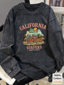 Women's Washed Black Long Sleeve T-Shirt, Cartoon Graphic Top, Loose Fit, Stylish Retro Black, Oversized - Black - View 1