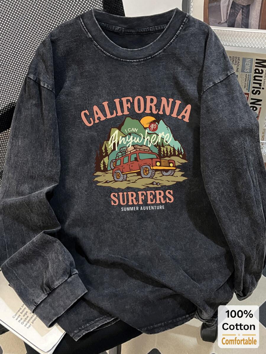 Women's Washed Black Long Sleeve T-Shirt, Cartoon Graphic Top, Loose Fit, Stylish Retro Black, Oversized - Black - View 1