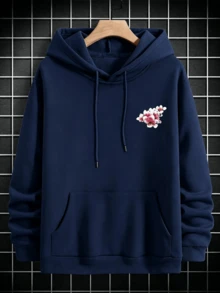 One-Piece Sporty Casual Hoodie With Cherry Blossom Print, Loose Drop-Shoulder Design, Unisex And Couple's Hoodie. - 藏蓝色 - 查看 3