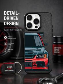 Casing Ponsel Sport JDM Tuner Kompatibel dengan iPhone 15 14 13 12 11 Pro Max, Ilustrasi Kartun Mobil Balap Modifikasi Abu-abu Merah Tampak Depan Tekstur Hitam Matte Tahan Guncangan TPU - Hitam - View 2