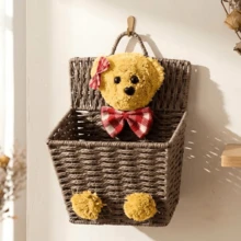 1pc Woven Rope Storage Basket, Teddy Bear Toy Storage Bin, Bedroom Decor Laundry Basket, Rectangular Handmade Plush Bow Handle, Wicker Brown Home Storage Bucket, Gift - Multicolor - View 3