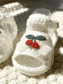1 Pair Crochet Infant Sandal Booties, Cherry Bow Embellishment, Handmade Infant Shoes - White - View 2