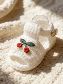1 Pair Crochet Infant Sandal Booties, Cherry Bow Embellishment, Handmade Infant Shoes - White - View 6