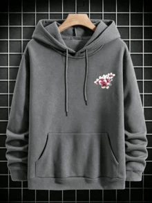 One-Piece Sporty Casual Hoodie With Cherry Blossom Print, Loose Drop-Shoulder Design, Unisex And Couple's Hoodie. - 深灰色 - 查看 3