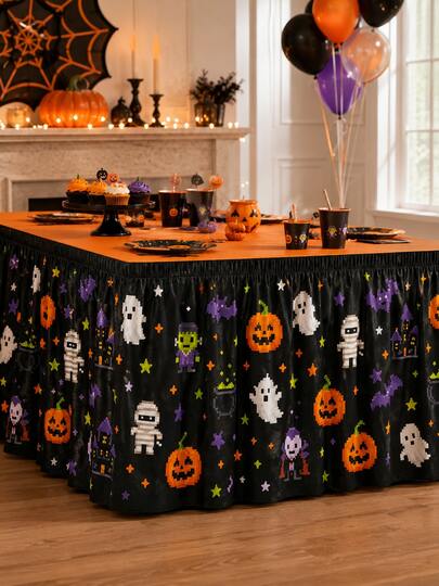 1 pieza Falda de mesa estilo píxel negro para Halloween, estampado de calabaza, fantasma, momia y murciélago, mantel de fiesta, adecuado para mesa de dulces, mesa de postres, decoración del hogar para fiestas