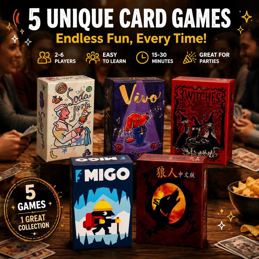 5合1桌遊合集 家庭聚會卡牌遊戲組,成人與青少年策略益智互動桌面遊戲,社交推理派對娛樂遊戲套裝 - 彩色 - 查看 1