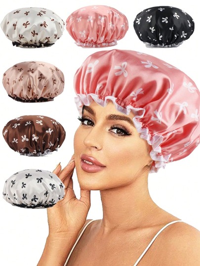 2pcs Thickened Double Layer Bowknot Print Women's Shower Cap And Hair Scrunchie Set, Waterproof Bathing Hair Cap, Makeup Cap, Home Shower Cap, Bathroom Hair Accessories