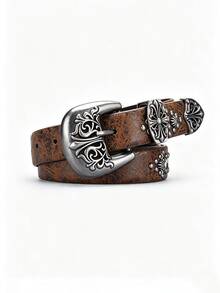 1pc Vintage Western Cowboy Punk Y2K Unisex PU Leather Belt With Carved Alloy Buckle And Rivet Decor Design, Suitable For Casual Daily Wear, Ideal Gift Choice - Coffee Brown - View 3