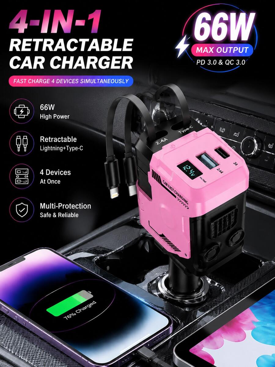 YAIUZGOO 66W Fast Charging Car Charger, 4-In-1 Retractable USB Car Adapter With Lightning And Type-C Cables, Dual USB Ports, Compatible With PD 3.0 QC 3.0, Multi-Device Charger Compatible With Iphone And Android Phones, Universal Car Travel Accessory