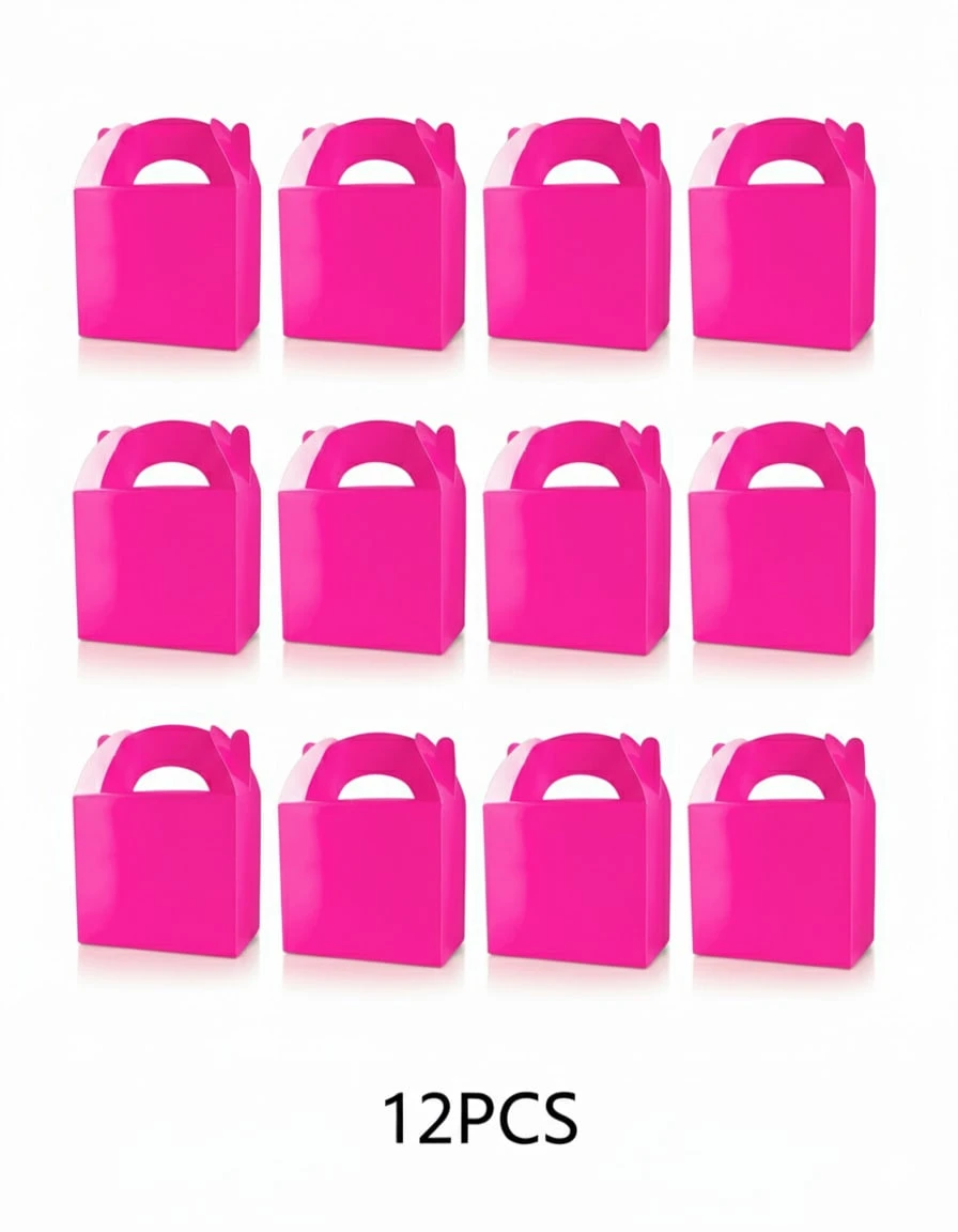 Set de 12 Cajas de Cartón con Asa para Dulces y Regalos, 14 * 9,5 * 12 cm, Color Morado, Azul Celeste, Fucsia, Rosa, Azul Royal, Negro, Verde, Amarillo, Naranja o Rojo, para Cumpleaños, Fiestas y Eventos - Rosa Roja - Ver 1