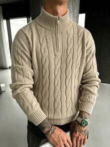 Khaki Half-Zip High Neck Knit Sweater Men's Vintage Textured Loose Casual Autumn/Winter Warm Top - Khaki - View 2