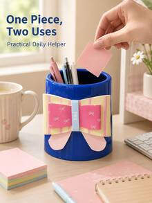 Cute Bowknot Decor Desktop Storage Bucket, Multi-Color Cylindrical Pen Holder, Suitable For Pens, Stationery And Small Desktop Items, 14x12x15cm Compact Size, Suitable For Office And Desk - Multicolor - View 1